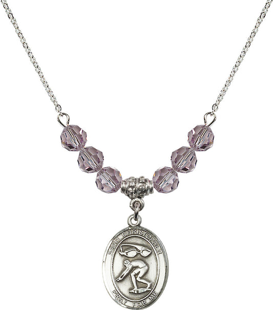 Sterling Silver Saint Christopher/Swimming Birthstone Necklace with Light Amethyst Beads - 8511