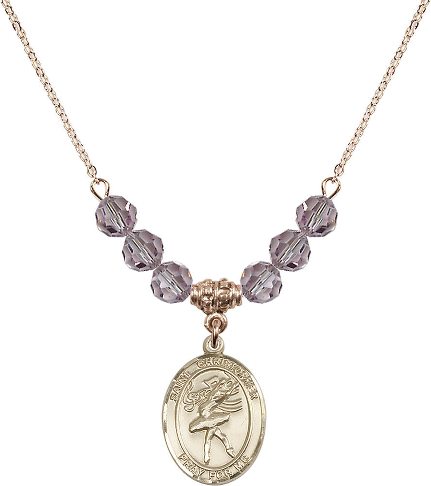 14kt Gold Filled Saint Christopher/Dance Birthstone Necklace with Light Amethyst Beads - 8512