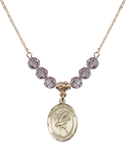 14kt Gold Filled Saint Christopher/Dance Birthstone Necklace with Light Amethyst Beads - 8512