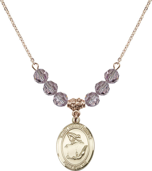 14kt Gold Filled Saint Christopher/Gymnastics Birthstone Necklace with Light Amethyst Beads - 8513