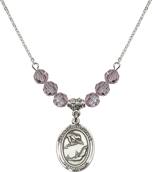 Sterling Silver Saint Christopher/Gymnastics Birthstone Necklace with Light Amethyst Beads - 8513