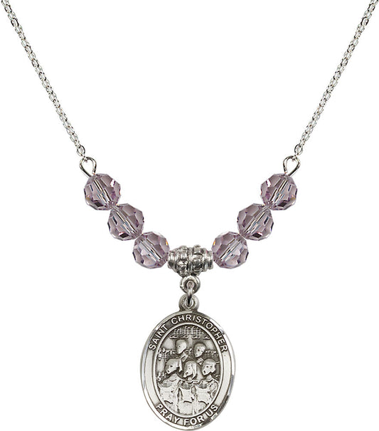 Sterling Silver Saint Christopher / Choir Birthstone Necklace with Light Amethyst Beads - 8514