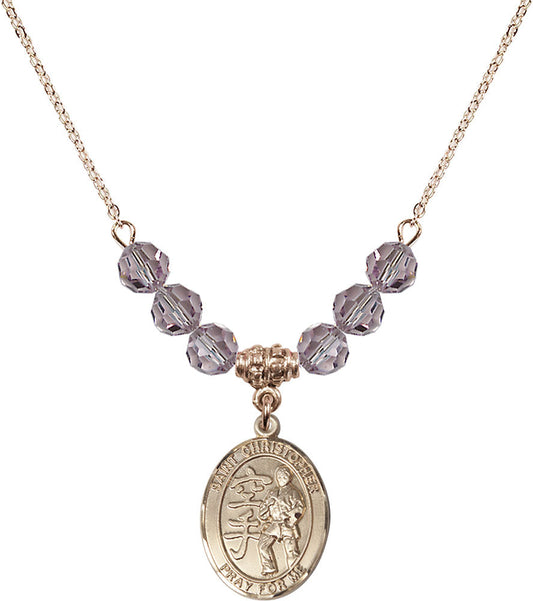 14kt Gold Filled Saint Christopher / Karate Birthstone Necklace with Light Amethyst Beads - 8515