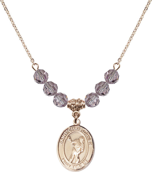 14kt Gold Filled Saint Christopher/Lacrosse Birthstone Necklace with Light Amethyst Beads - 8516