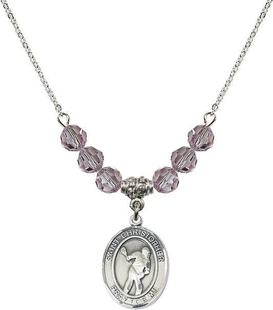 Sterling Silver Saint Christopher/Lacrosse Birthstone Necklace with Light Amethyst Beads - 8516