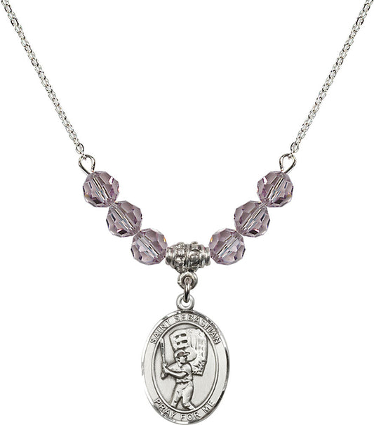 Sterling Silver Saint Sebastian / Baseball Birthstone Necklace with Light Amethyst Beads - 8600