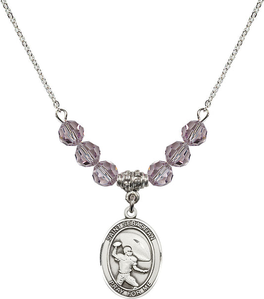 Sterling Silver Saint Sebastian / Football Birthstone Necklace with Light Amethyst Beads - 8601