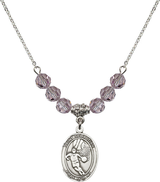 Sterling Silver Saint Sebastian/Basketball Birthstone Necklace with Light Amethyst Beads - 8602