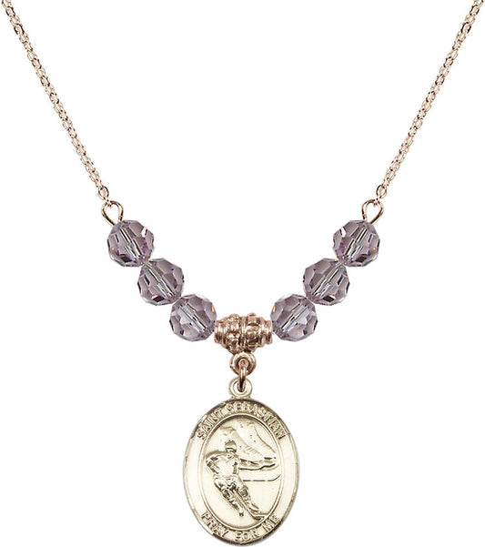 14kt Gold Filled Saint Sebastian / Hockey Birthstone Necklace with Light Amethyst Beads - 8604