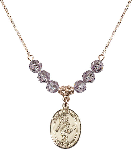 14kt Gold Filled Saint Sebastian / Tennis Birthstone Necklace with Light Amethyst Beads - 8605