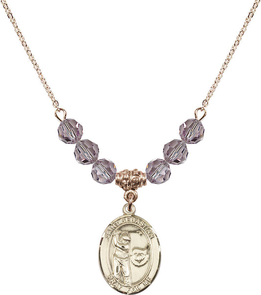 14kt Gold Filled Saint Sebastian / Golf Birthstone Necklace with Light Amethyst Beads - 8606