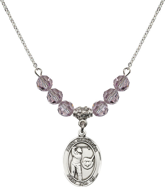 Sterling Silver Saint Sebastian / Golf Birthstone Necklace with Light Amethyst Beads - 8606