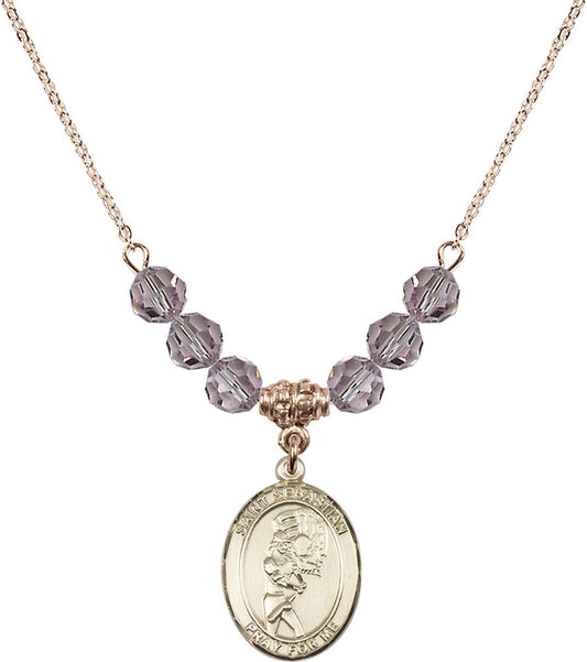 14kt Gold Filled Saint Sebastian/Softball Birthstone Necklace with Light Amethyst Beads - 8607