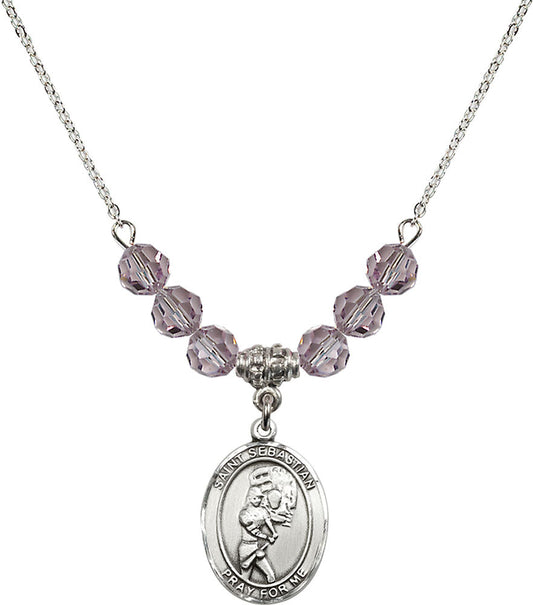 Sterling Silver Saint Sebastian/Softball Birthstone Necklace with Light Amethyst Beads - 8607
