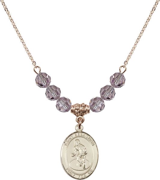 14kt Gold Filled Saint Sebastian/Wrestling Birthstone Necklace with Light Amethyst Beads - 8608