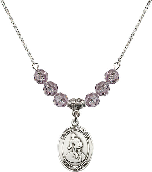 Sterling Silver Saint Sebastian/Wrestling Birthstone Necklace with Light Amethyst Beads - 8608