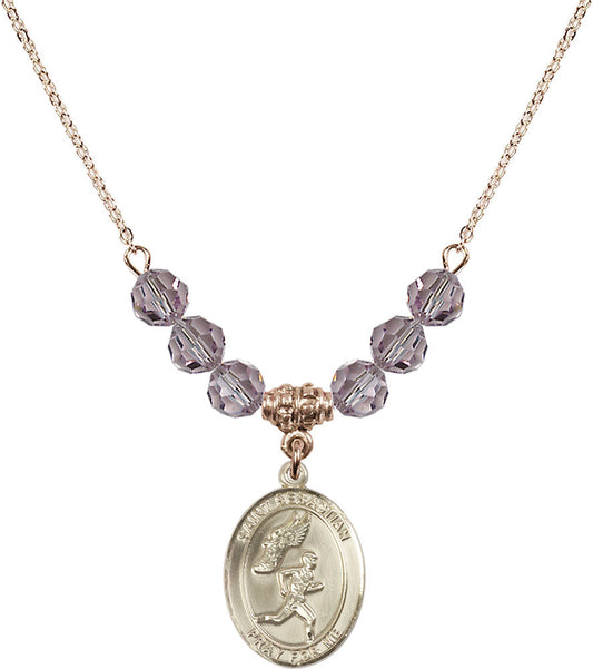 14kt Gold Filled Saint Sebastian /Track&Field-Men Birthstone Necklace with Light Amethyst Beads - 8609