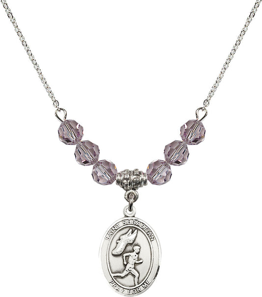 Sterling Silver Saint Sebastian /Track&Field-Men Birthstone Necklace with Light Amethyst Beads - 8609