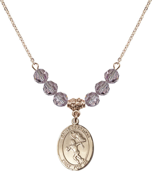 14kt Gold Filled Saint Sebastian /Track&Field-Women Birthstone Necklace with Light Amethyst Beads - 8610