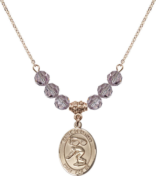 14kt Gold Filled Saint Sebastian/Swimming Birthstone Necklace with Light Amethyst Beads - 8611