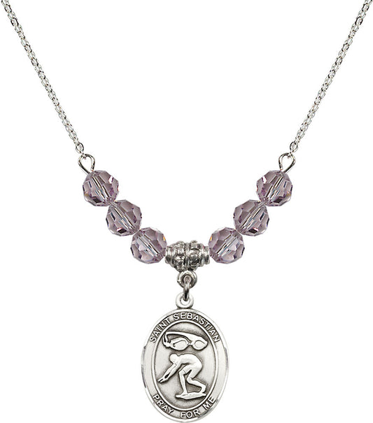Sterling Silver Saint Sebastian/Swimming Birthstone Necklace with Light Amethyst Beads - 8611