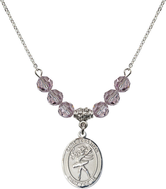 Sterling Silver Saint Sebastian / Dance Birthstone Necklace with Light Amethyst Beads - 8612