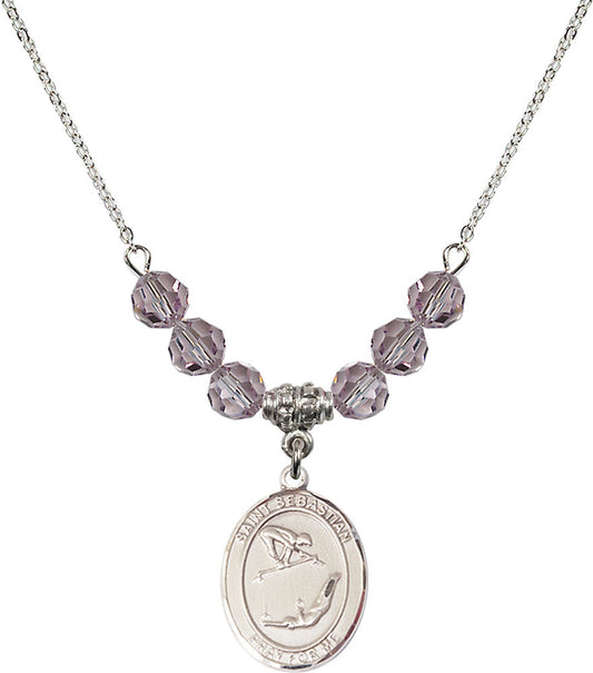 Sterling Silver Saint Sebastian/Gymnastics Birthstone Necklace with Light Amethyst Beads - 8613