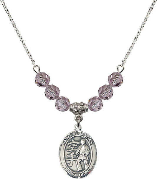 Sterling Silver Saint Sebastian/Karate Birthstone Necklace with Light Amethyst Beads - 8615