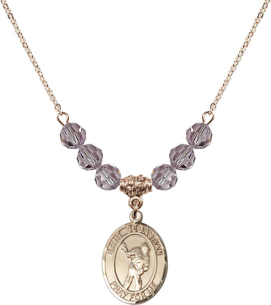 14kt Gold Filled Saint Sebastian/Lacrosse Birthstone Necklace with Light Amethyst Beads - 8616