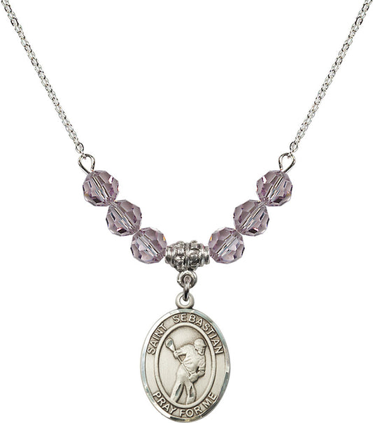 Sterling Silver Saint Sebastian/Lacrosse Birthstone Necklace with Light Amethyst Beads - 8616