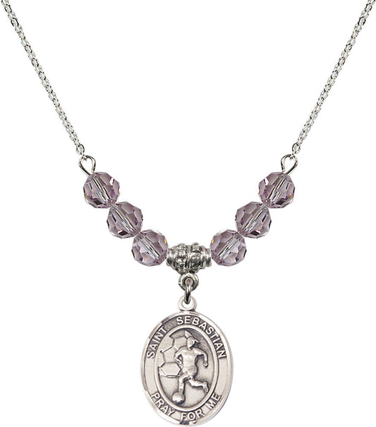 Sterling Silver Saint Sebastian/Soccer-Women Birthstone Necklace with Light Amethyst Beads - 8617