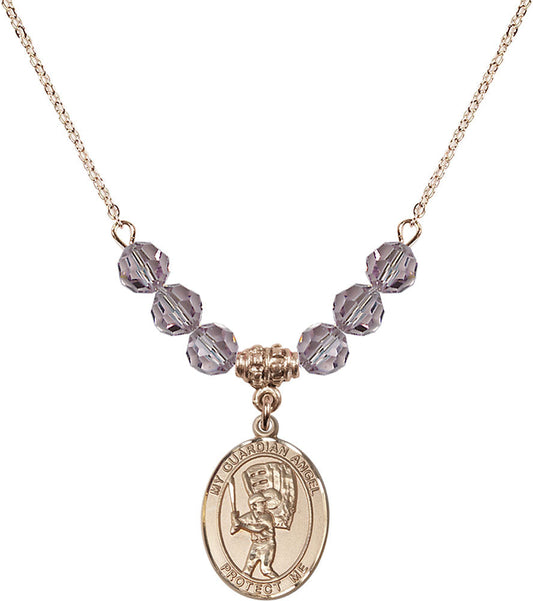 14kt Gold Filled Guardian Angel/Baseball Birthstone Necklace with Light Amethyst Beads - 8700