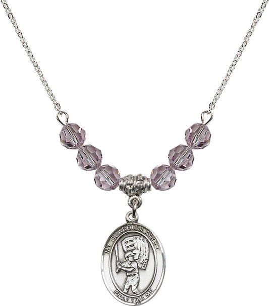 Sterling Silver Guardian Angel/Baseball Birthstone Necklace with Light Amethyst Beads - 8700