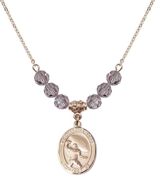 14kt Gold Filled Guardian Angel/Football Birthstone Necklace with Light Amethyst Beads - 8701