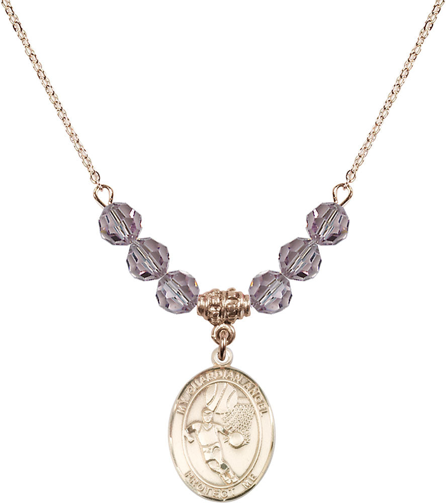 14kt Gold Filled Guardian Angel/Basketball Birthstone Necklace with Light Amethyst Beads - 8702
