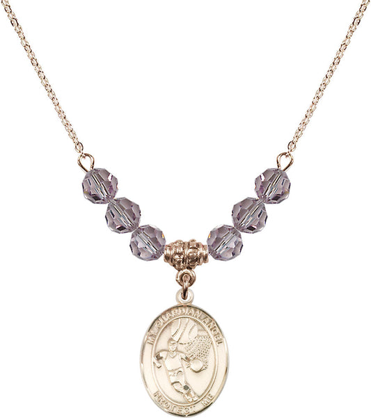14kt Gold Filled Guardian Angel/Basketball Birthstone Necklace with Light Amethyst Beads - 8702