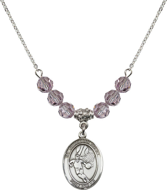 Sterling Silver Guardian Angel/Basketball Birthstone Necklace with Light Amethyst Beads - 8702
