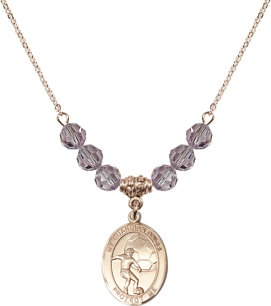 14kt Gold Filled Guardian Angel/Soccer Birthstone Necklace with Light Amethyst Beads - 8703