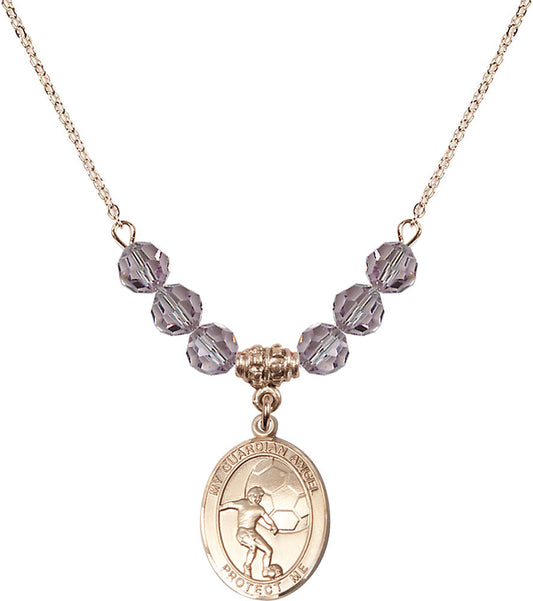 14kt Gold Filled Guardian Angel/Soccer Birthstone Necklace with Light Amethyst Beads - 8703