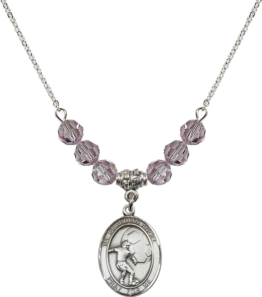 Sterling Silver Guardian Angel/Soccer Birthstone Necklace with Light Amethyst Beads - 8703