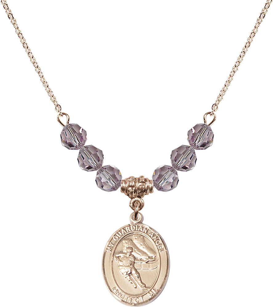 14kt Gold Filled Guardian Angel/Hockey Birthstone Necklace with Light Amethyst Beads - 8704