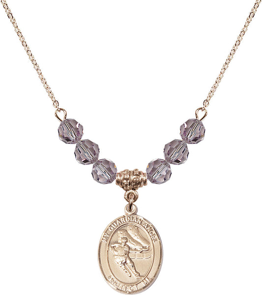 14kt Gold Filled Guardian Angel/Hockey Birthstone Necklace with Light Amethyst Beads - 8704
