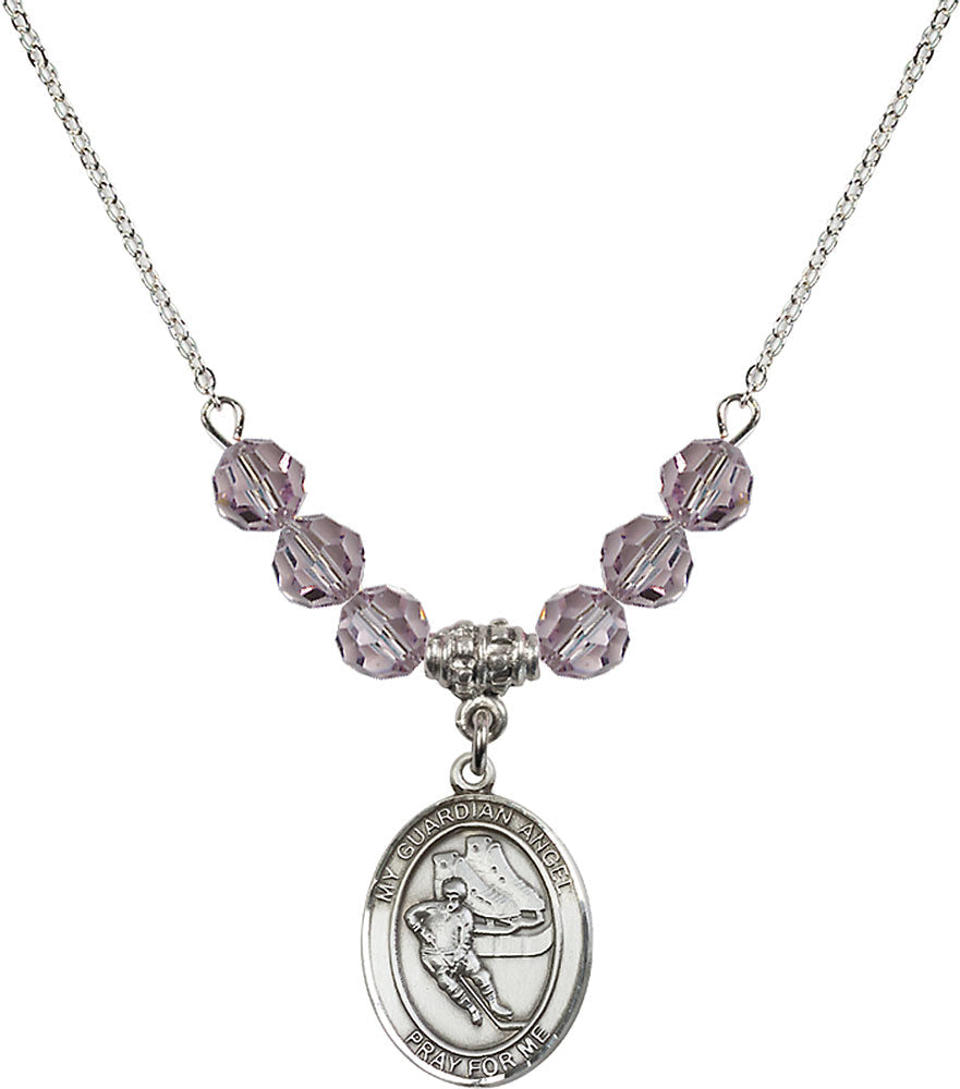 Sterling Silver Guardian Angel/Hockey Birthstone Necklace with Light Amethyst Beads - 8704