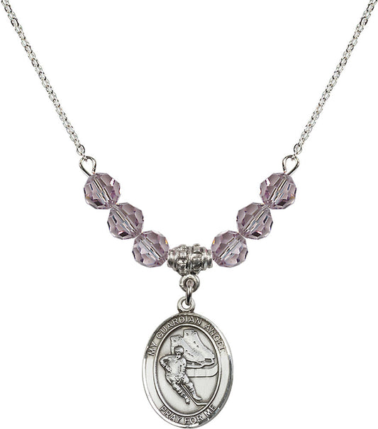 Sterling Silver Guardian Angel/Hockey Birthstone Necklace with Light Amethyst Beads - 8704