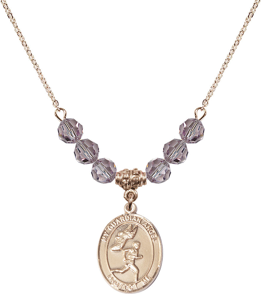 14kt Gold Filled Guardian Angel/Track&Field-Men Birthstone Necklace with Light Amethyst Beads - 8709
