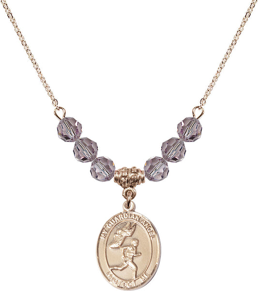 14kt Gold Filled Guardian Angel/Track&Field-Men Birthstone Necklace with Light Amethyst Beads - 8709
