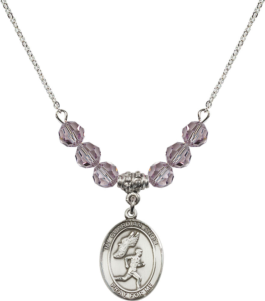 Sterling Silver Guardian Angel/Track&Field-Men Birthstone Necklace with Light Amethyst Beads - 8709