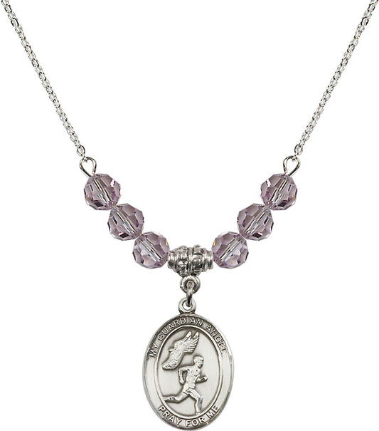 Sterling Silver Guardian Angel/Track&Field-Men Birthstone Necklace with Light Amethyst Beads - 8709