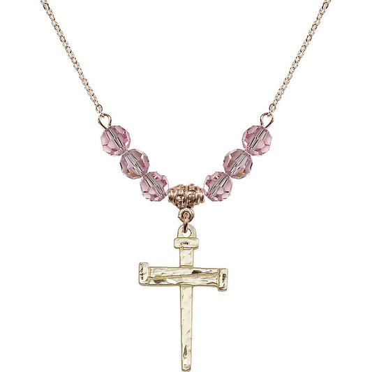 14kt Gold Filled Nail Cross Birthstone Necklace with Light Rose Beads - 0013