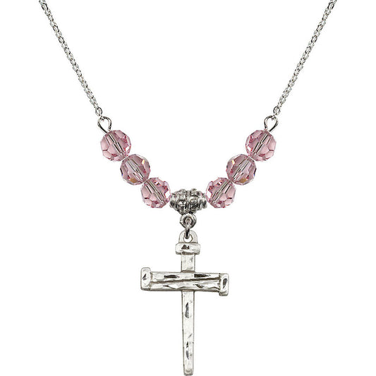 Sterling Silver Nail Cross Birthstone Necklace with Light Rose Beads - 0013